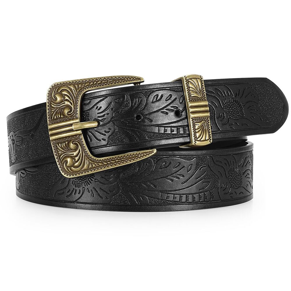 4936 Western Leather Belts For Women Men Vintage Engraved Cowboy Cowgirl Belt